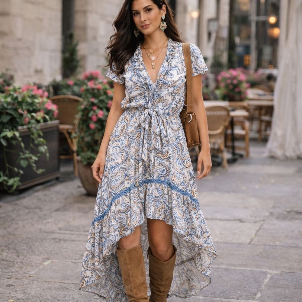 Women's Beyond The Radar Blue Paisley Cap Sleeve Hi-Low Ruffle Boho Maxi Dress L